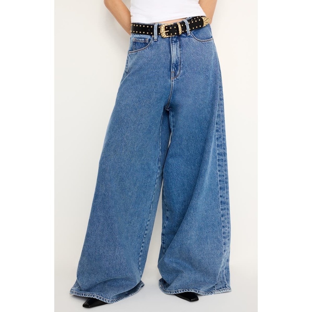 GOOD AMERICAN Paneled Baggy Wide‎ Leg Jeans Indigo Blue Size 28 New With Tags